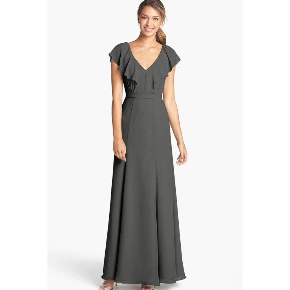 $300 Jenny Yoo Cecilia Ruffled Chiffon Long Dress Gown wedding CHARCOAL 18
